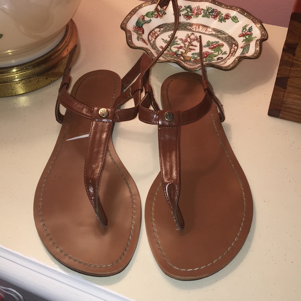 Slightly worn brown Ralph Lauren T strap sandals